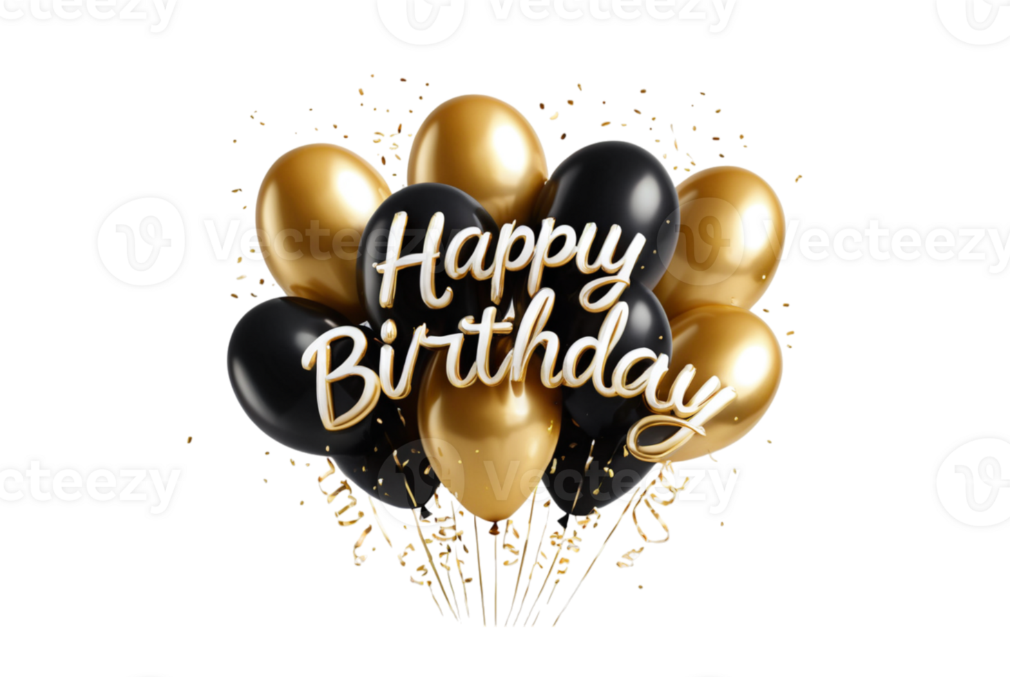 Happy birthday typography text with elegant gold black balloons modern elegance png
