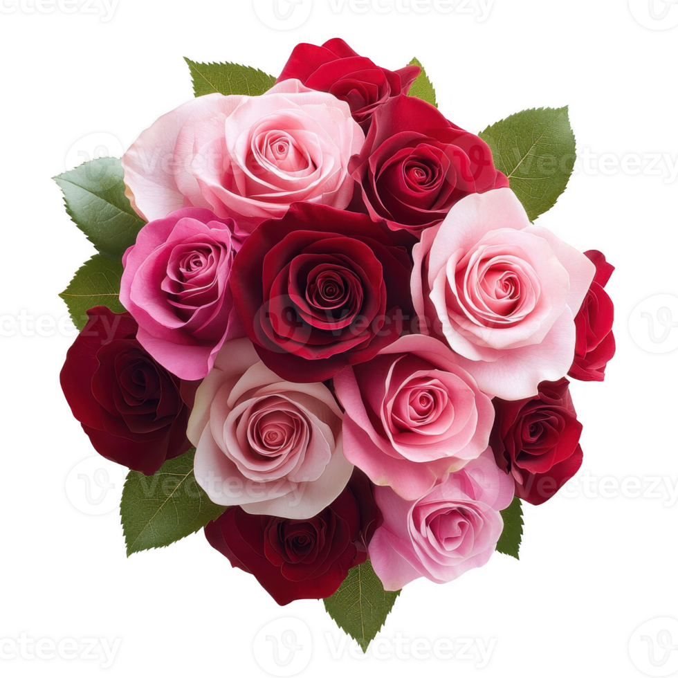 Beautiful bouquet of red and pink roses with green leaves png