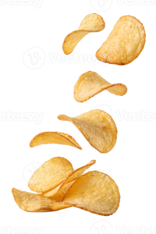 golden, crispy potato chips are floating in the air, isolated on a transparent background png