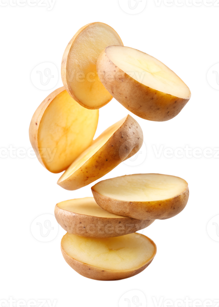 potato slices floating in mid-air isolated on transparent background png