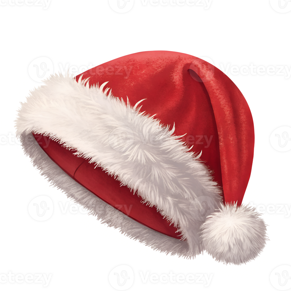 illustration style of A plush red hat with a fluffy white trim and pom-pom, shown on a plain transparent background png
