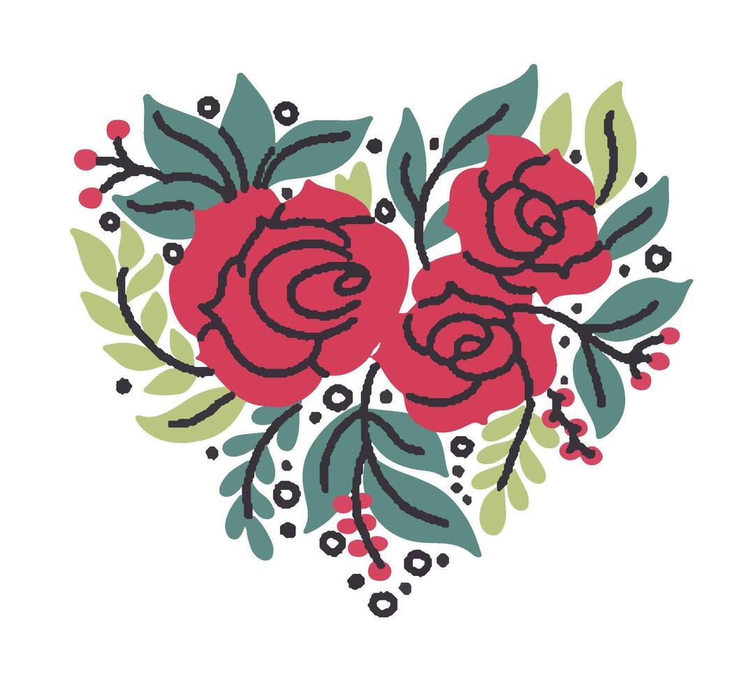 Decorative heart with red rose bouquet vector