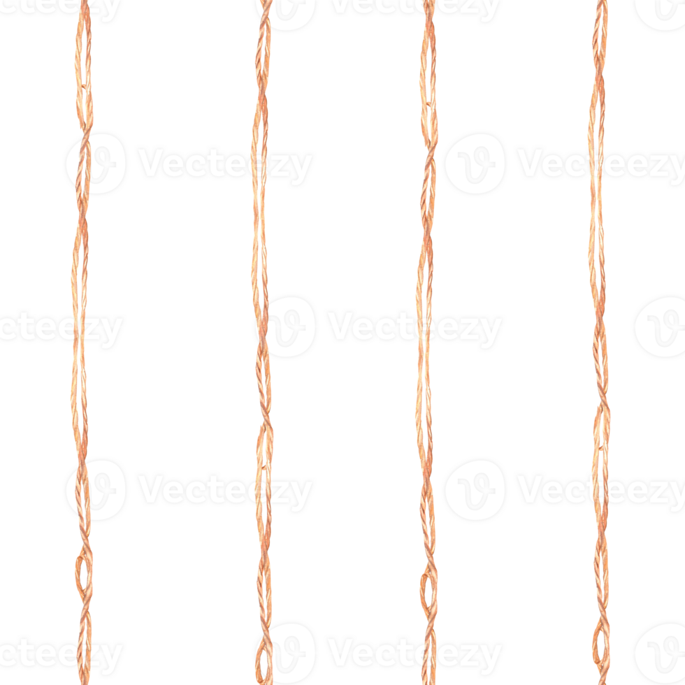 Jute rope, cords with knots vertically striped seamless pattern. Hand drawn watercolor illustration. Universal background for your design of fabric, wallpaper, packaging, tablecloths. Isolated clipart png