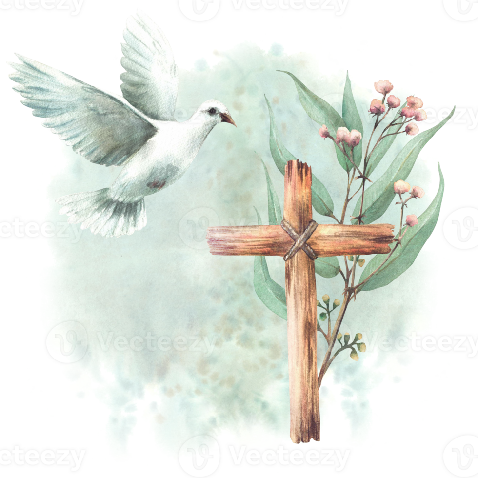 Flying white dove with wooden rustic cross and Eucalyptus plant branches with small pink flowers twig. Isolated illustration on watercolor green spotted background. Religious hand drawn Pigeon bird. png