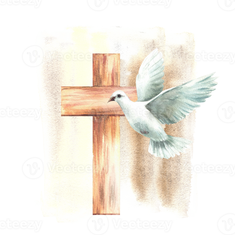 White dove with wooden cross on watercolor beige splashes, spotted background. Flying bird pigeon, symbol of peace and Christian religion. hand drawn illustration for Baptism, Easter card. Isolated png