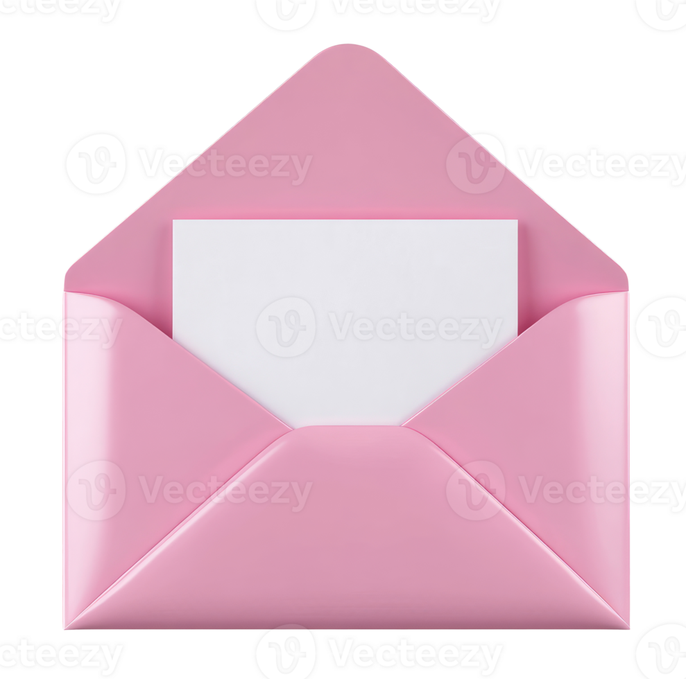 Illustration of an open pink envelope with blank white paper isolated on transparent background png