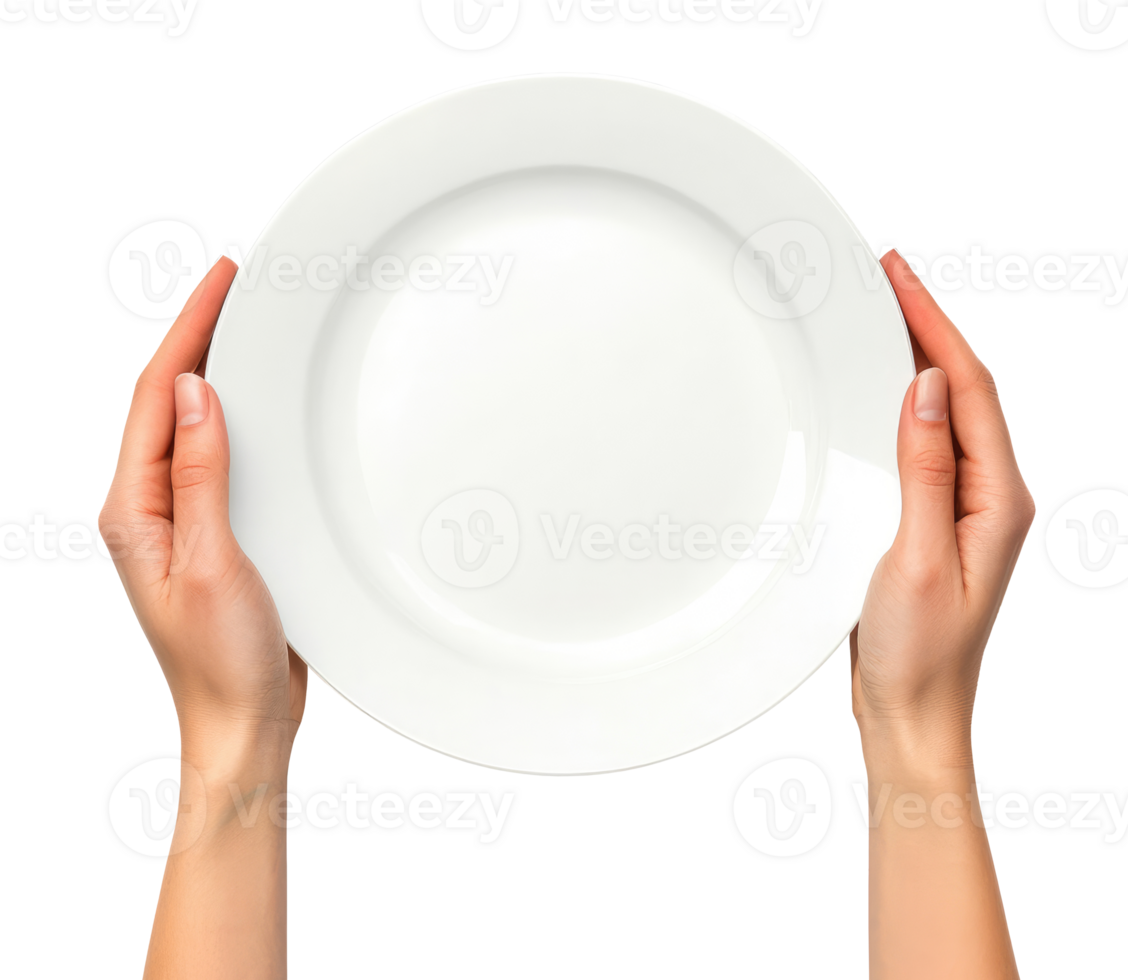 Hands with empty white plate isolated on transparent background, top view png