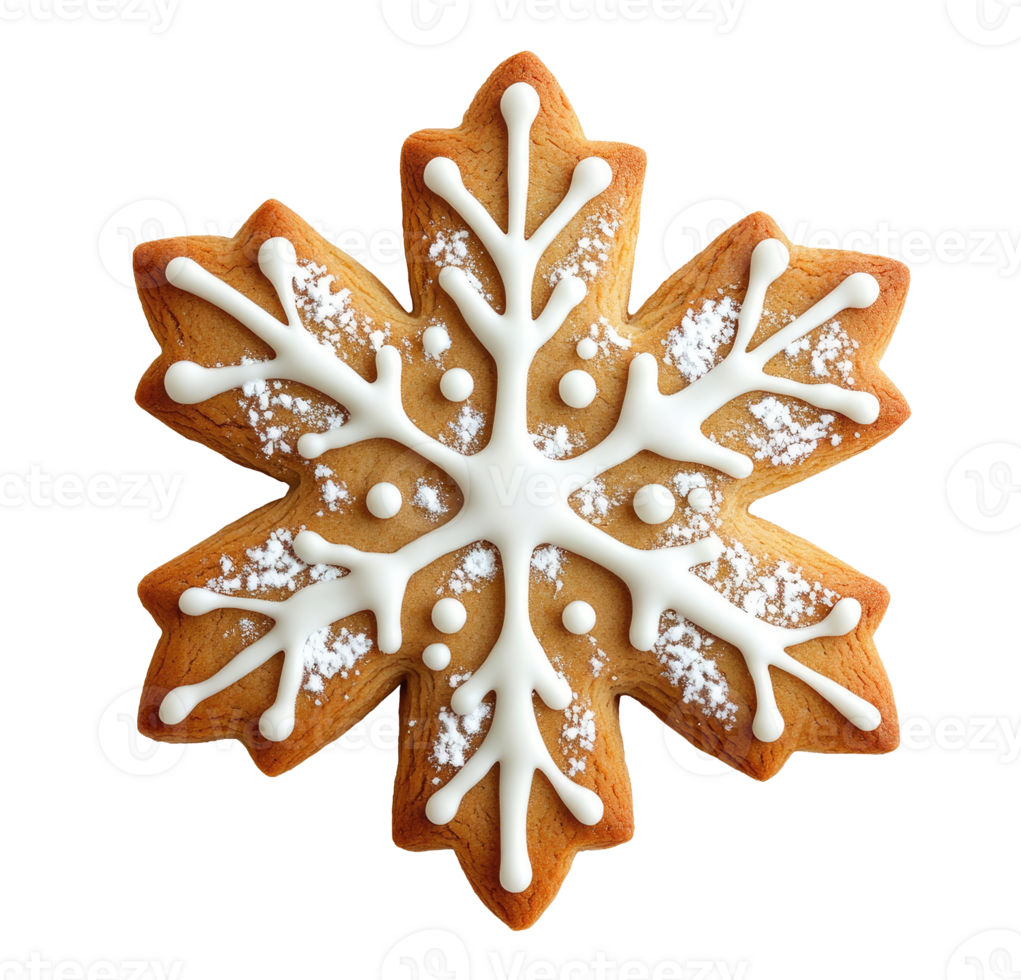 Gingerbread cookie shaped as snowflake isolated on transparent background png