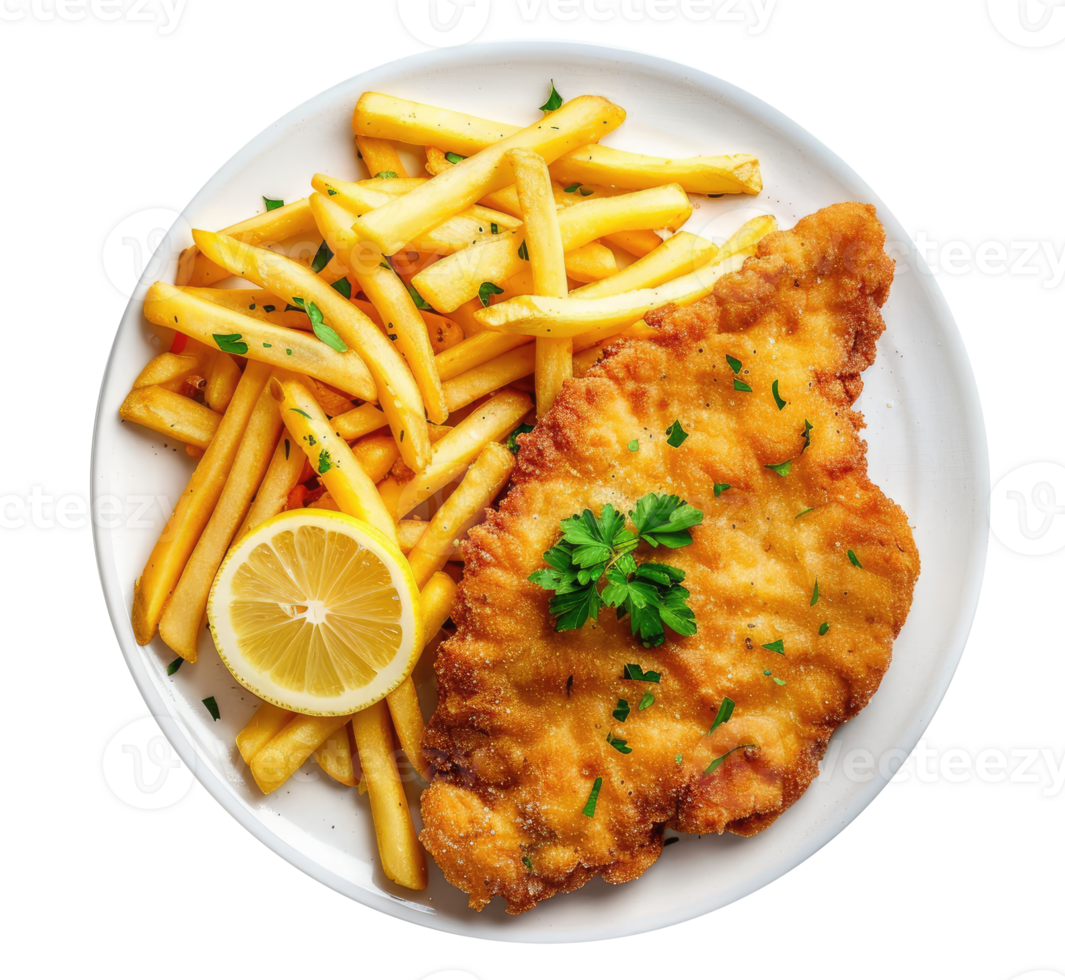 Plate with French fries and chicken schnitzel isolated on transparent background png