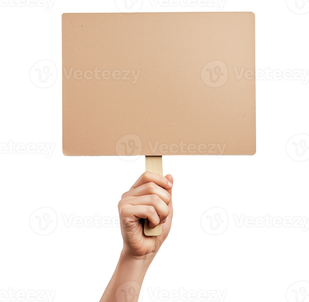 Hand with blank cardboard placard isolated on transparent background png