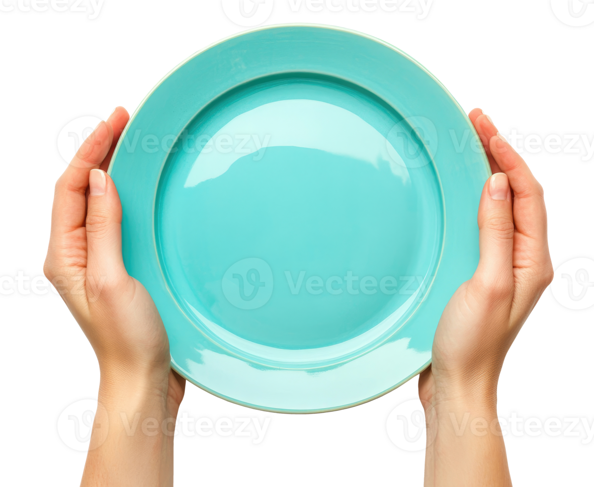 Hands with empty plate isolated on transparent background, top view png