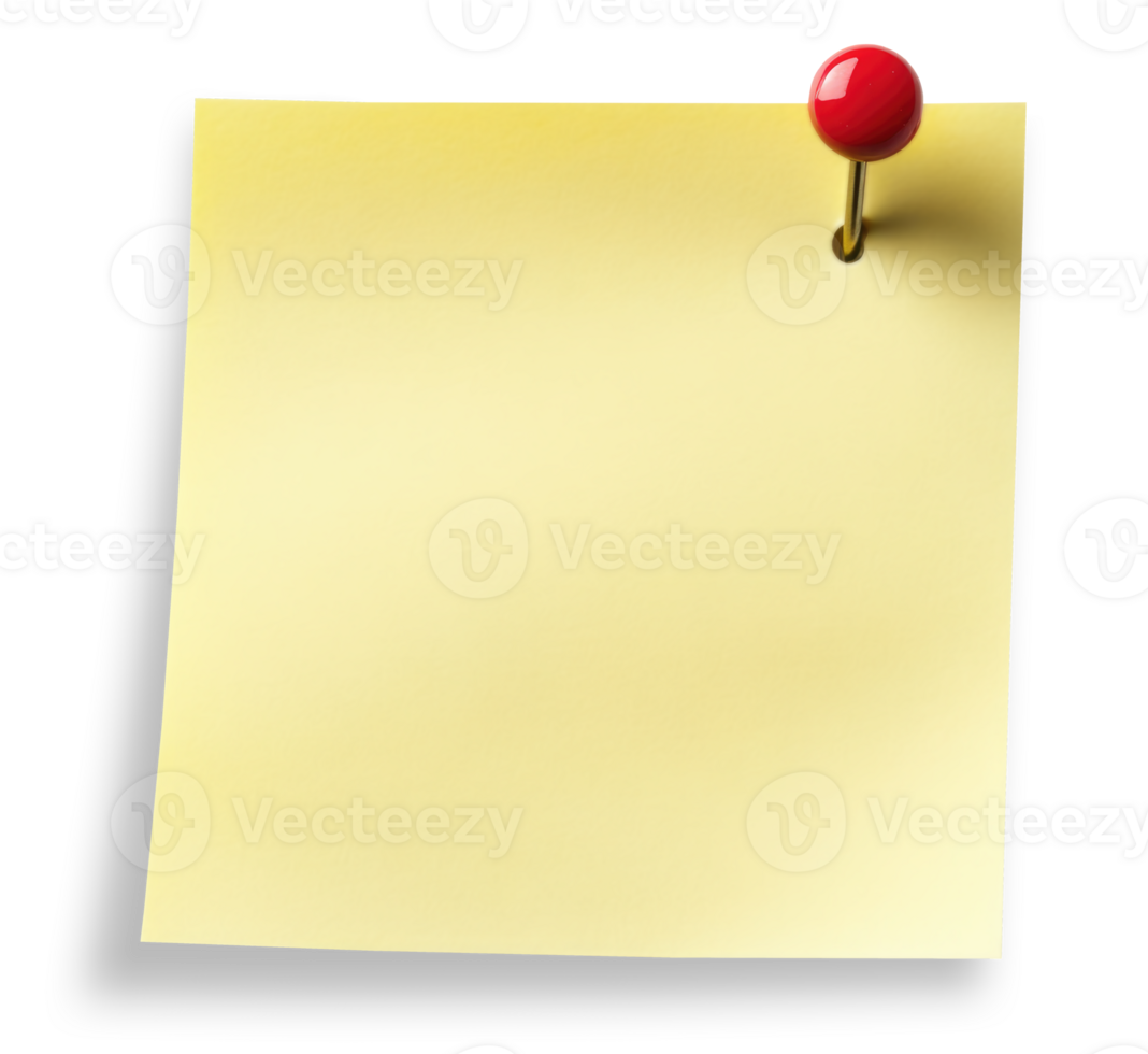 Yellow paper note with red thumbtack isolated on transparent background png