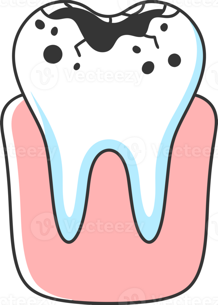 Illustration of a dental theme with the image of a sick rotten tooth with caries png