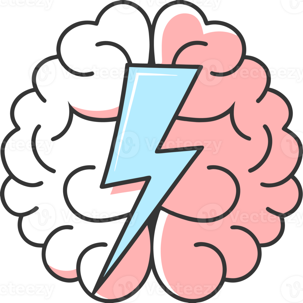 Illustration of a diseased brain with a lightning bolt as a sign of injury, stroke or stress png