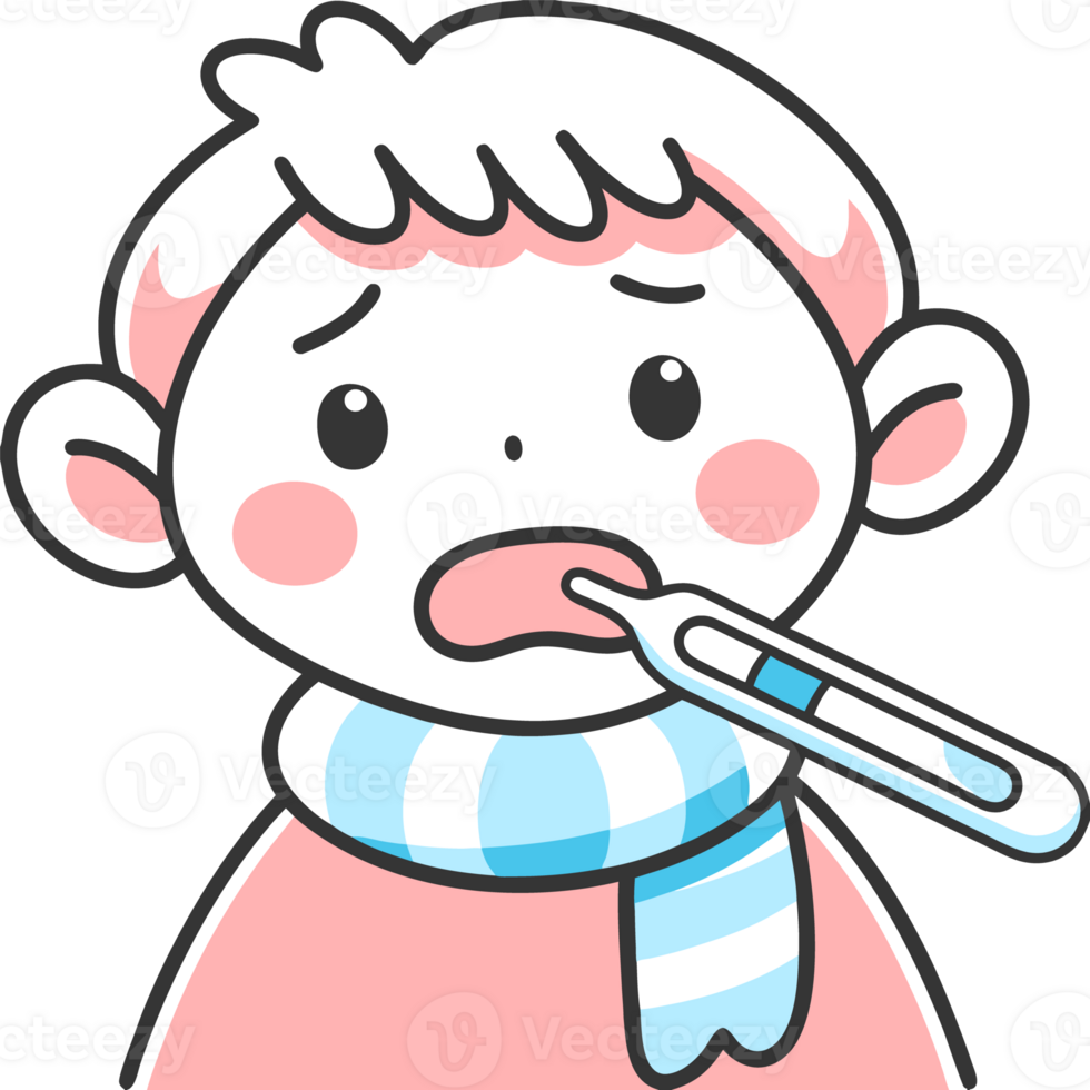 Illustration of a sick child measuring temperature with a thermometer in his mouth png