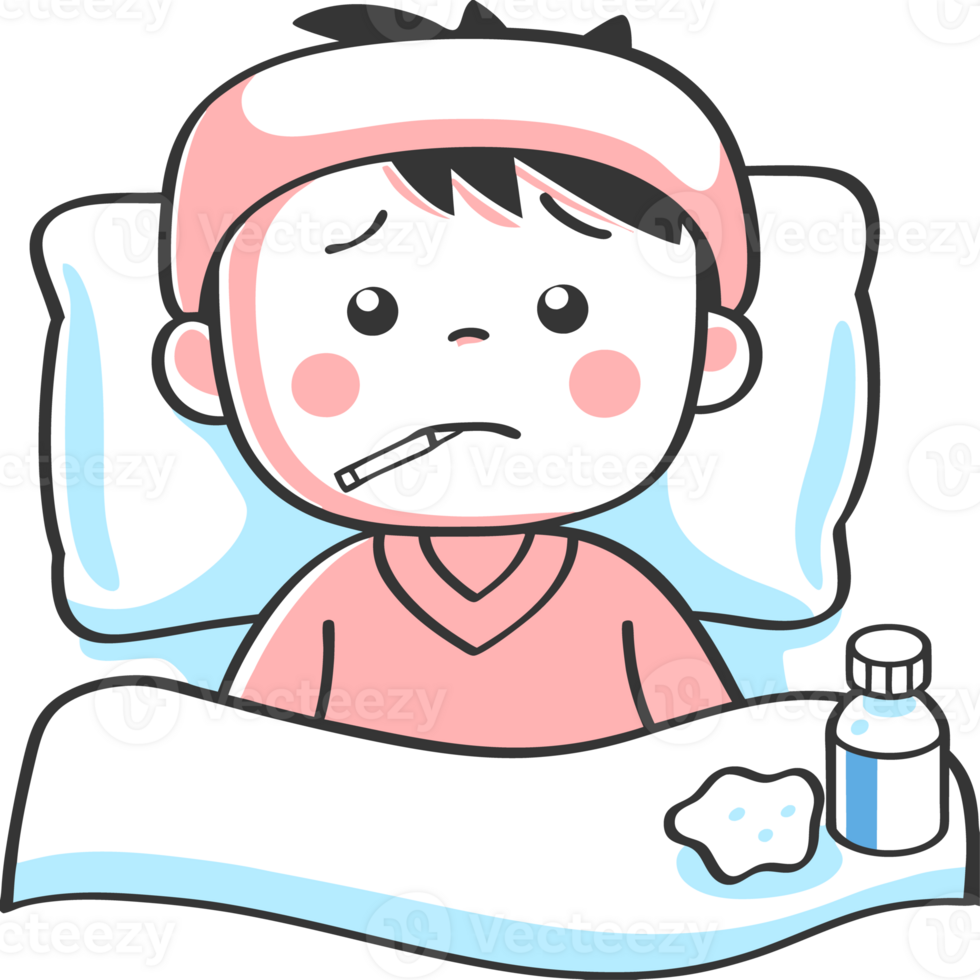 An illustration of a sick child lying on a bed and taking medicine and measuring the temperature with a thermometer in his mouth png