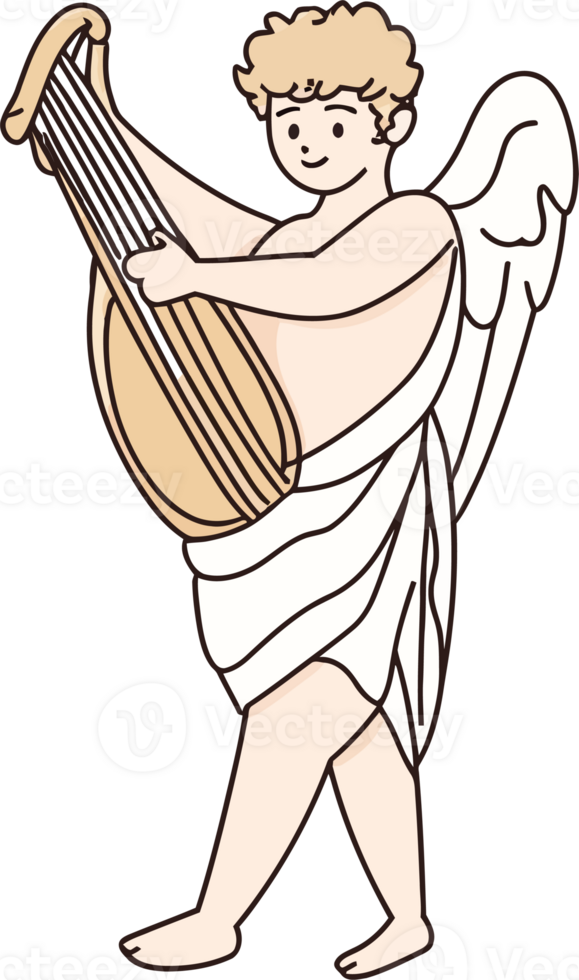 Cherubic Angel Playing Lyre Illustration - Whimsical Religious Art for Holiday Decor and Greeting Cards png
