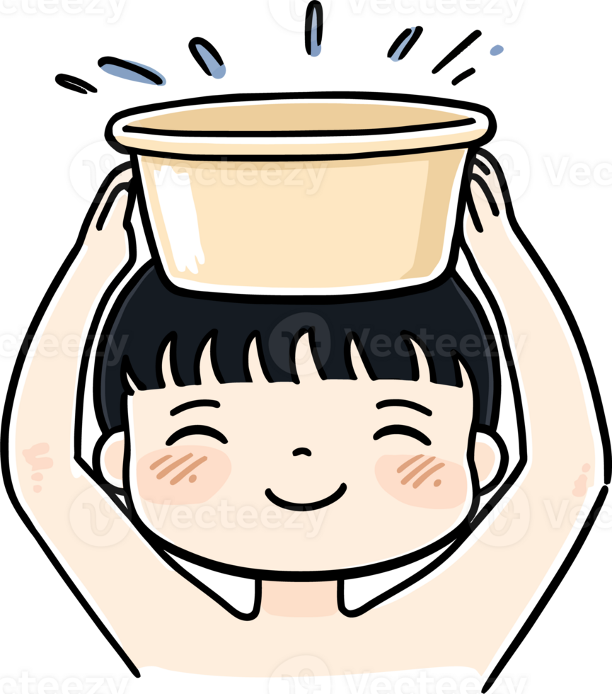 Cartoon Child Holding a Bowl on Head, Smiling with Blushing Cheeks, and Splashing Water png