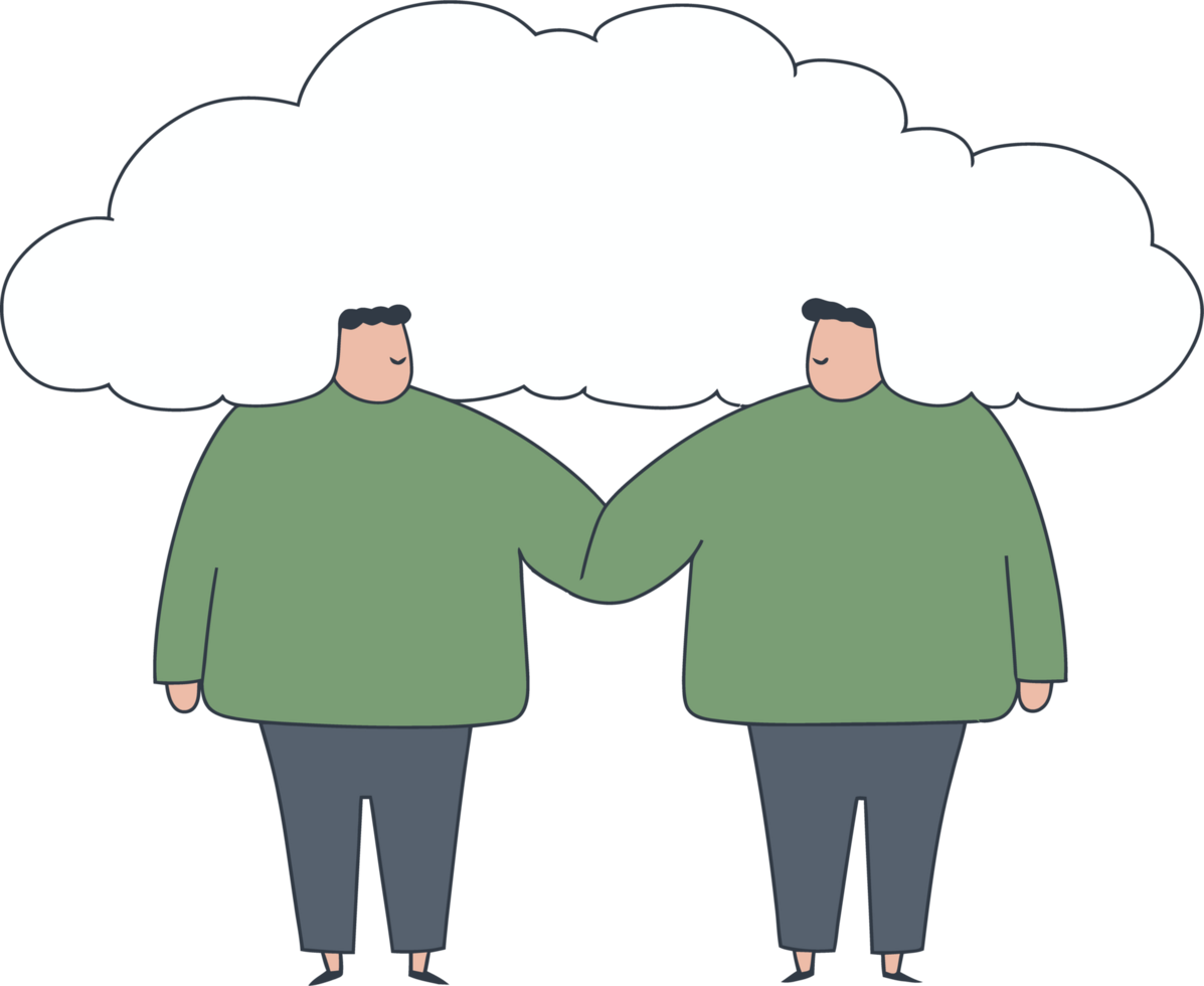 Two Cartoon Characters with Connected Cloud Heads Holding Hands - Concept of Unity, Imagination, and Creativity png
