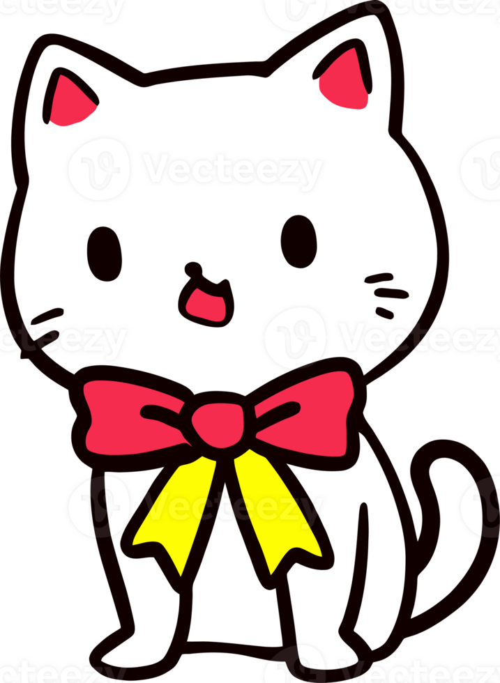 Cute Cartoon White Cat with Red and Yellow Bow in Adorable Pose png