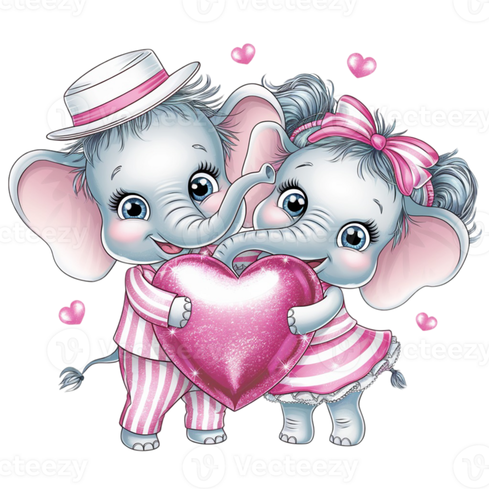 Two elephants, dressed in pink-striped outfits, hold a shiny pink heart together cutouts png