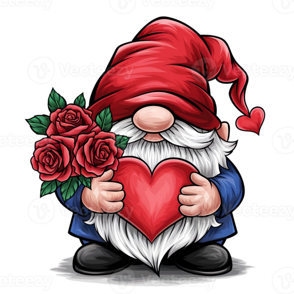 A whimsical gnome with a long white beard and a red hat adorned with hearts sits on a log cutouts png