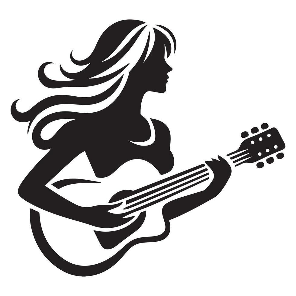 Silhouette of a Woman with Flowing Hair Playing Guitar vector