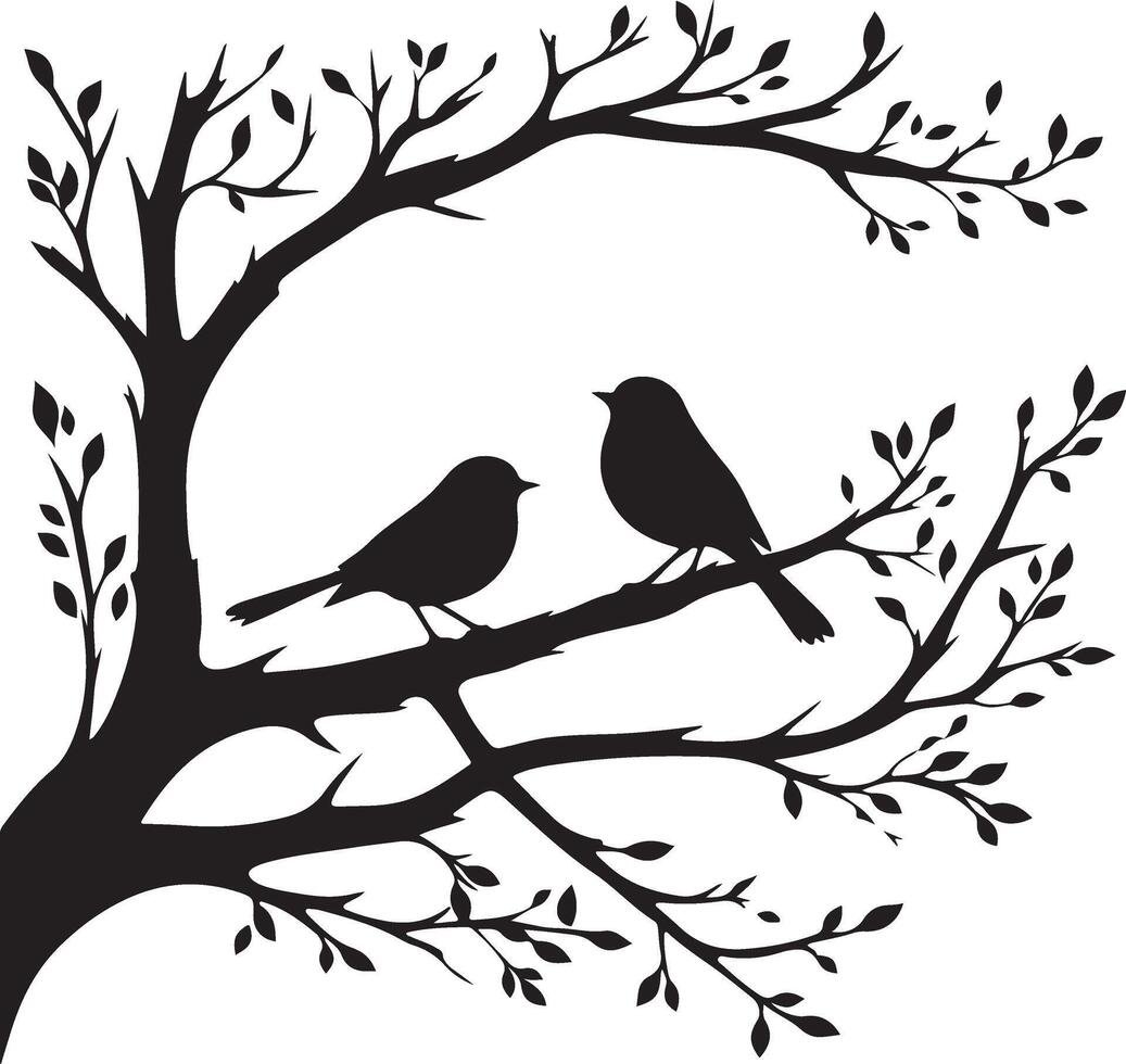 Lovely Couple of Birds Sitting on Tree Branch Silhouette Illustration vector