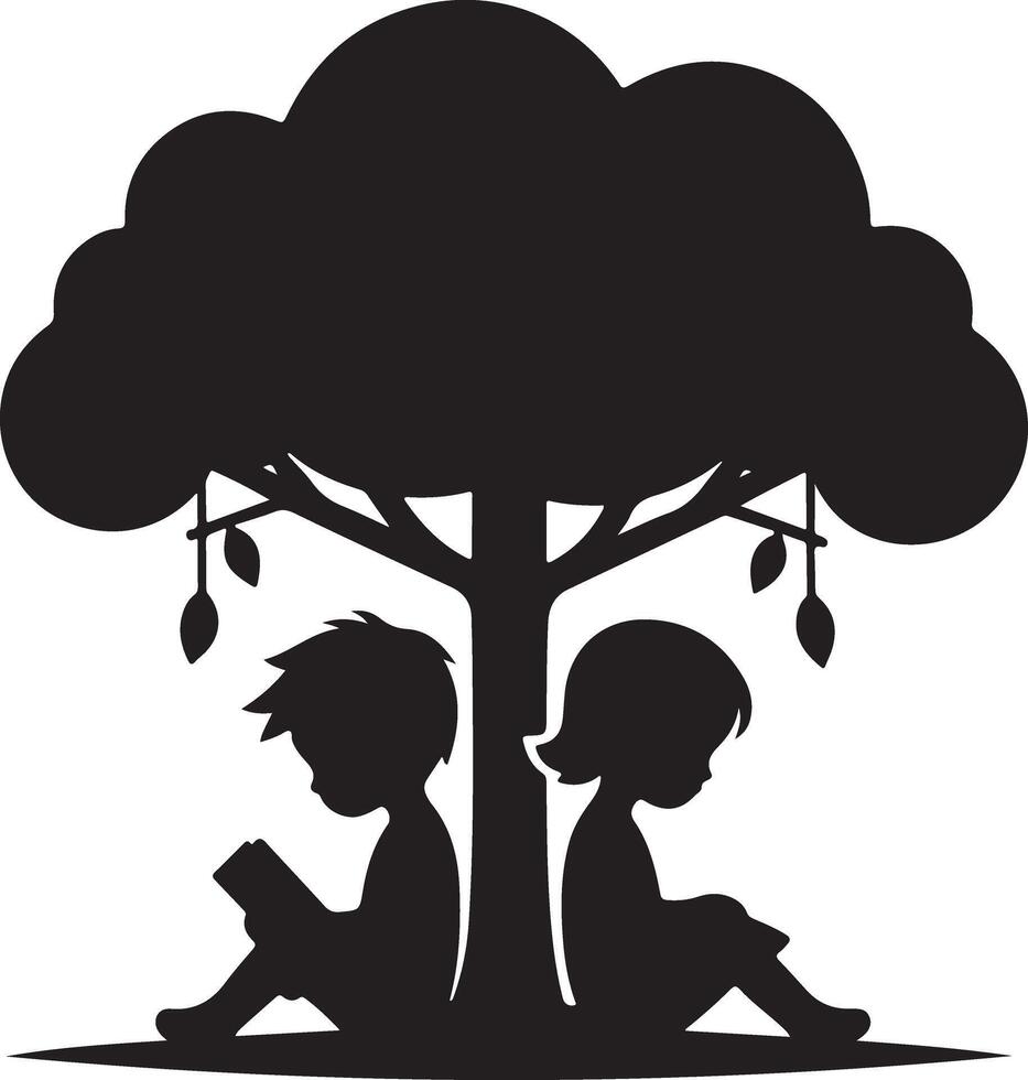Kids Reading Under Tree Silhouette Illustration vector