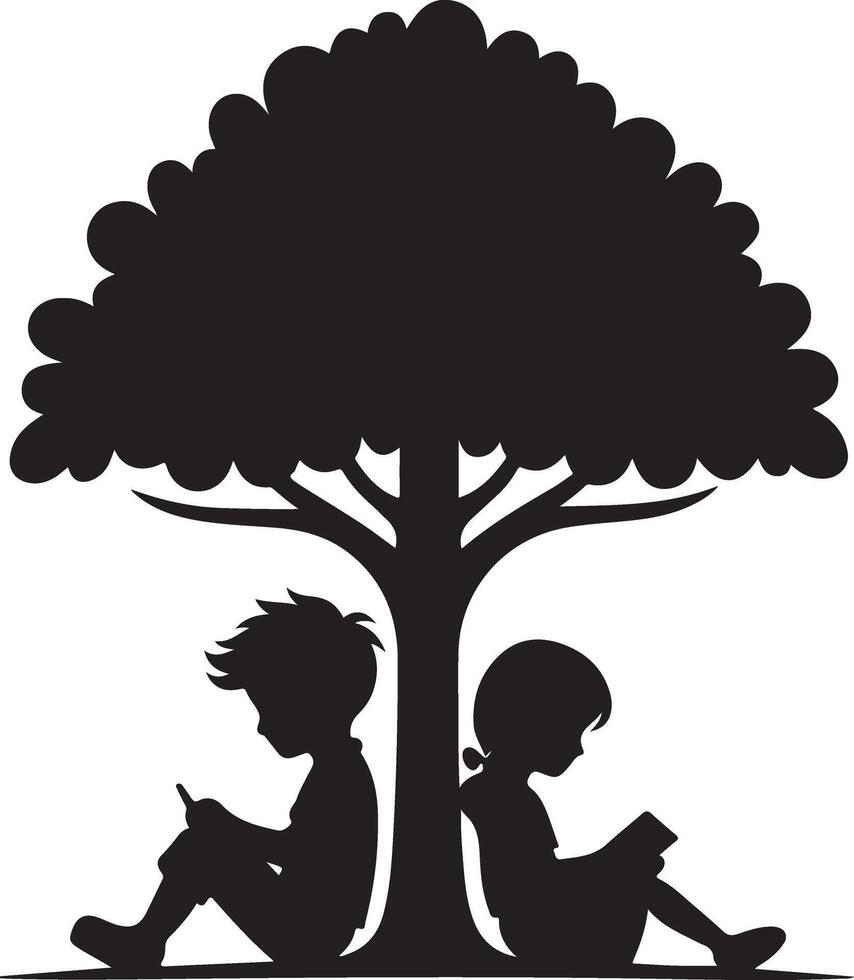 Children Reading Under a Tree Silhouette Illustration vector
