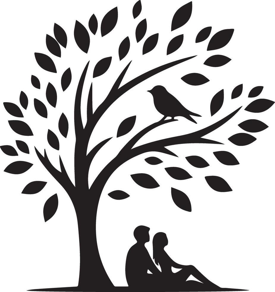 Romantic Couple Under Tree Silhouette with Bird Illustration vector