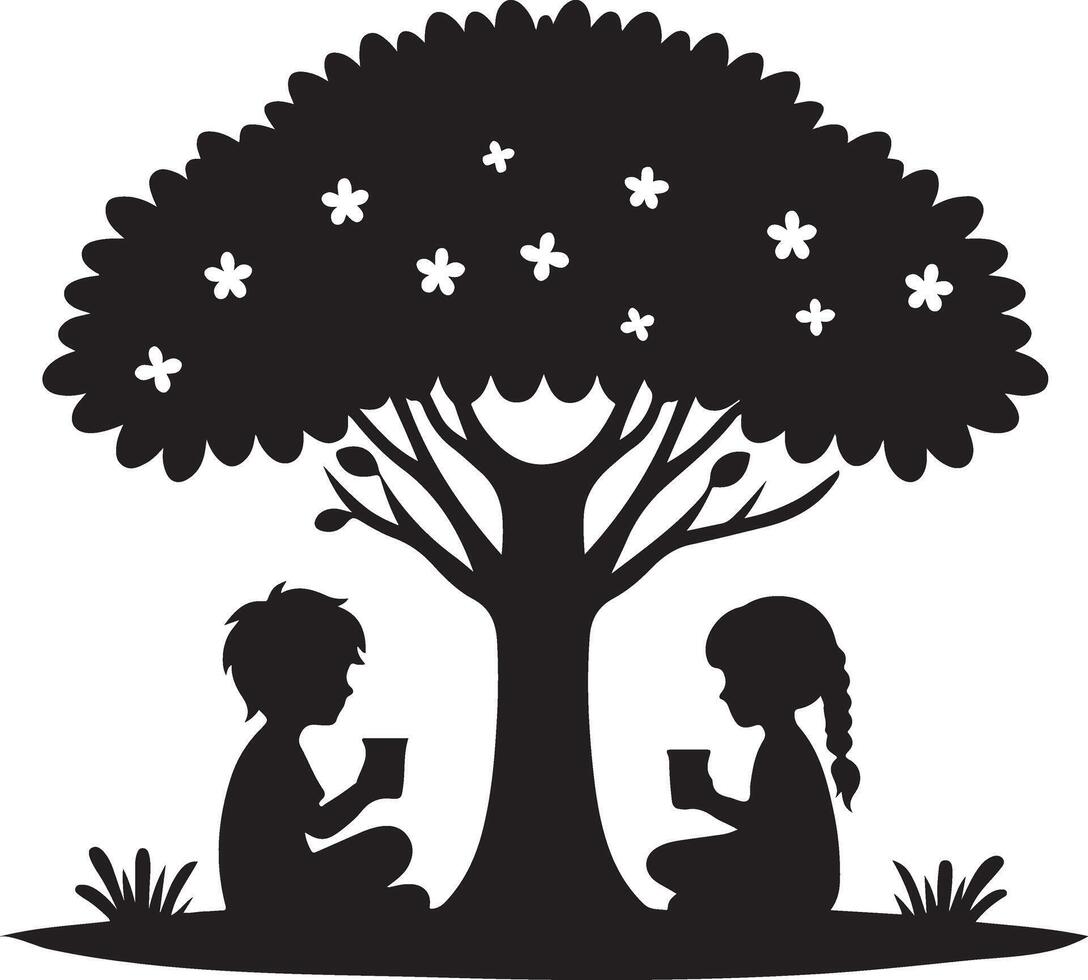 Children Enjoying Drinks Under a Tree Silhouette Illustration vector