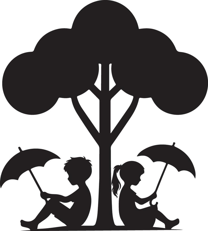 Two Kids Silhouette with Umbrellas Under a Tree Art vector
