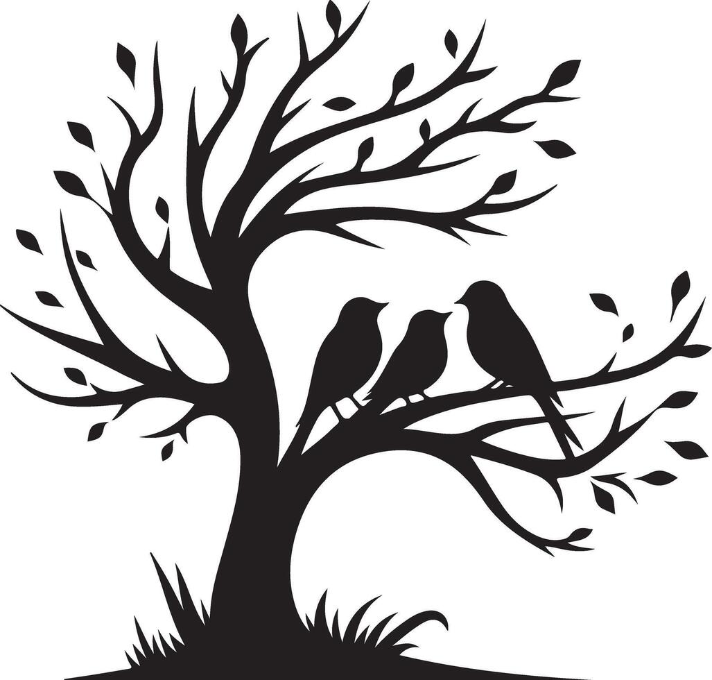 Charming Family of Birds Resting on a Tree Silhouette Art vector