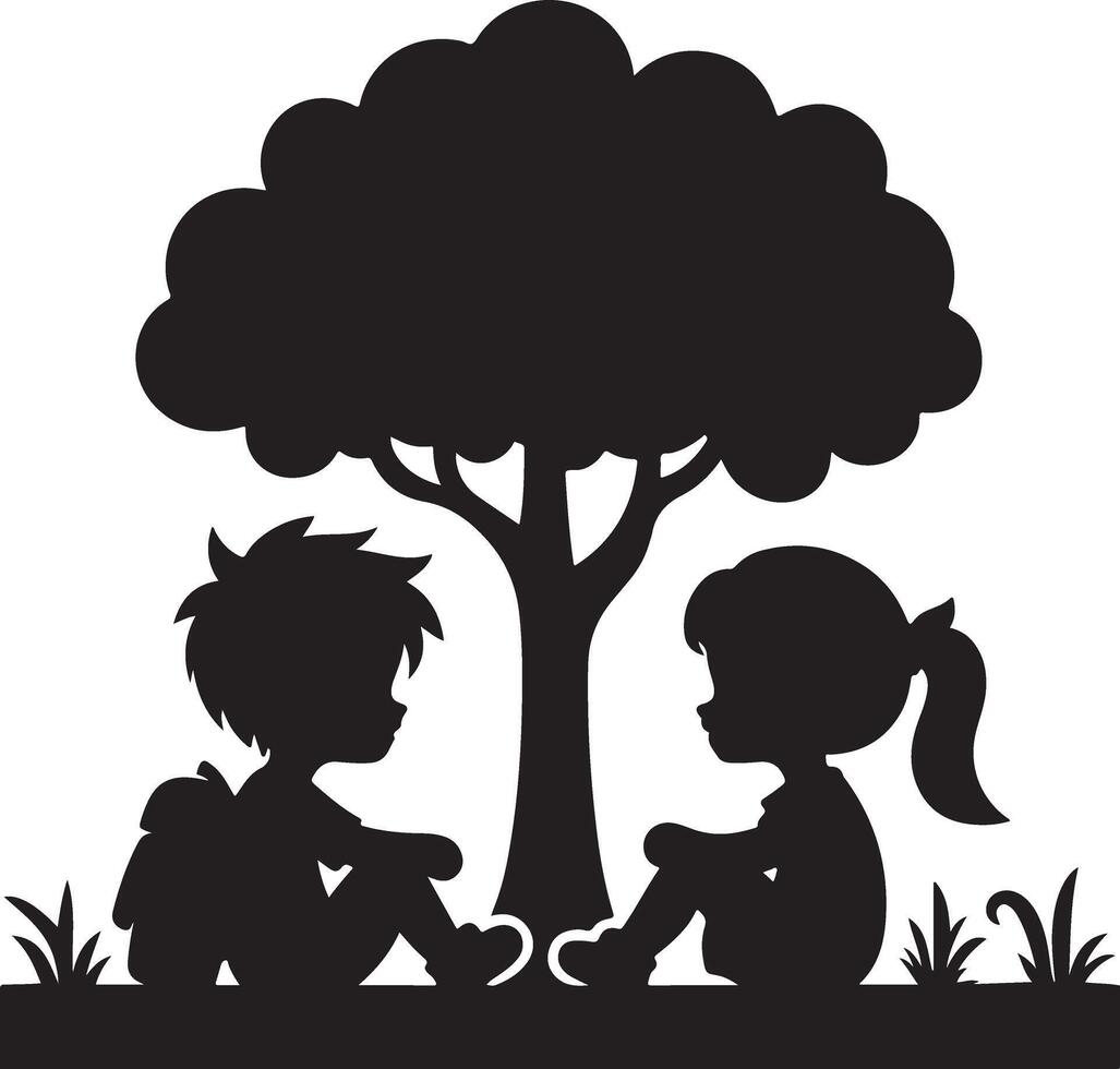 Two Children Silhouette Sharing a Moment Under a Tree vector