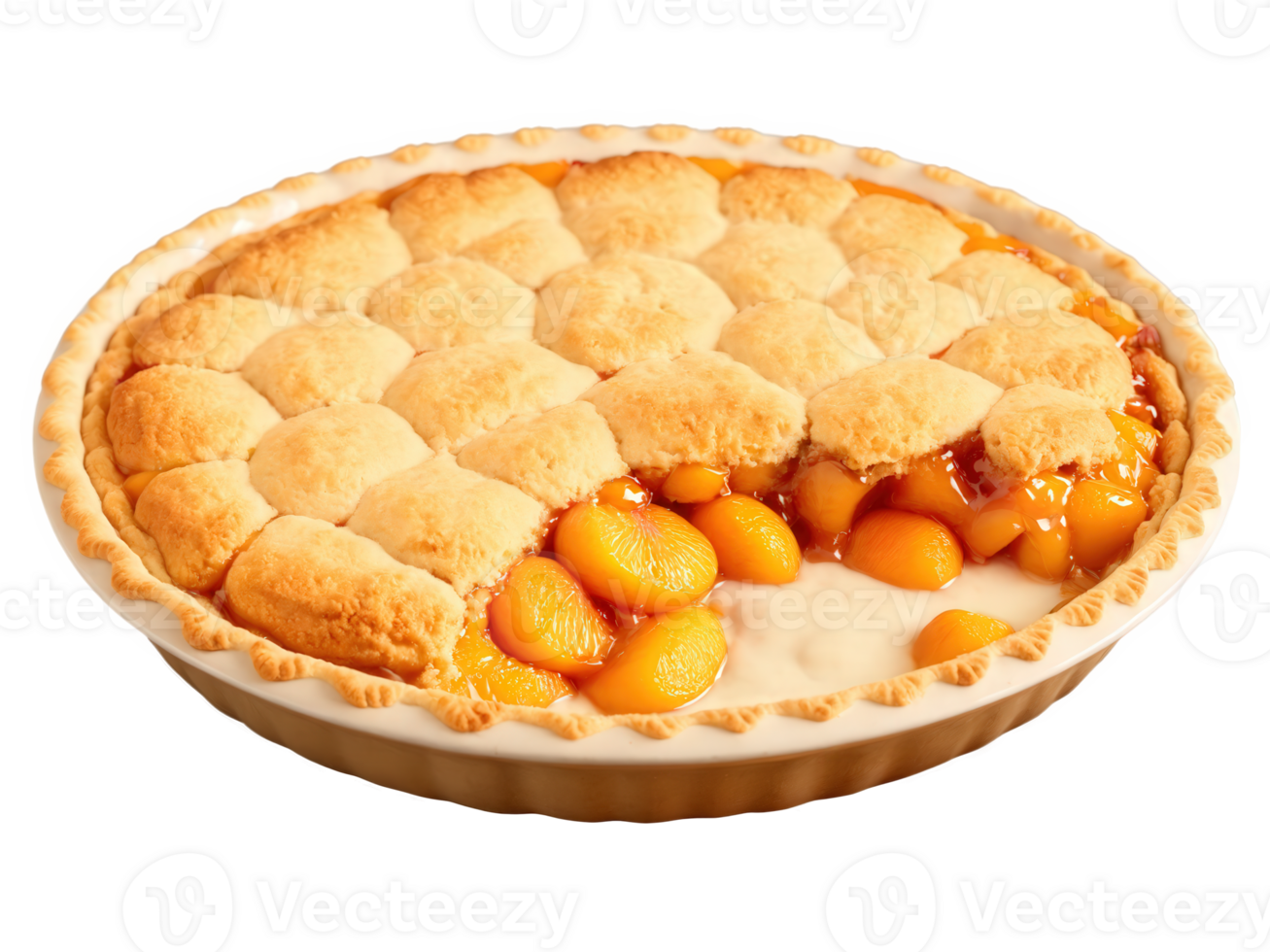 Warm Peach Cobbler with a golden-brown biscuit topping and juicy peaches, rich orange and golden tones, isolated png