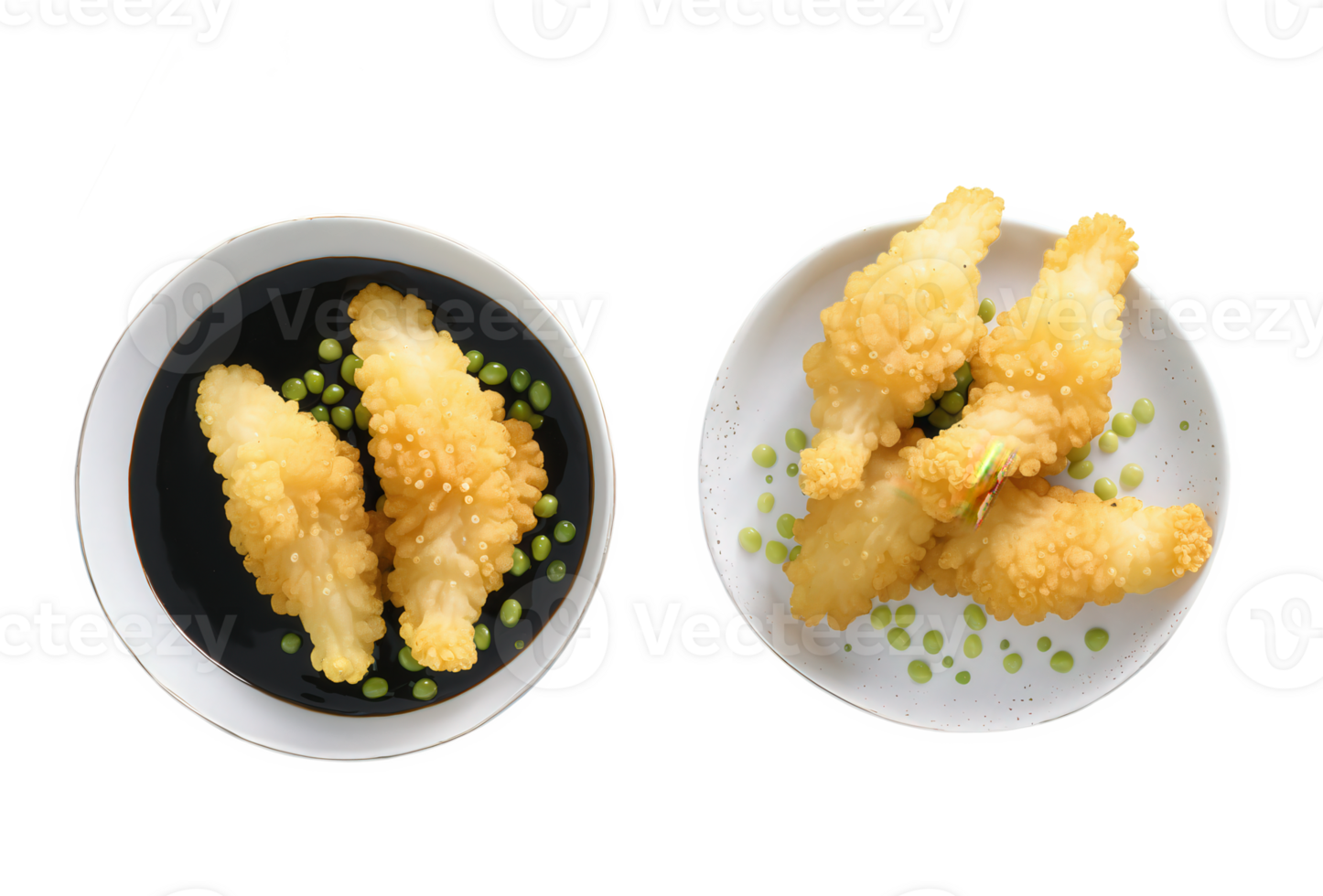 Vegetable Tempura A mix of golden, crispy tempura vegetables with their delicate batter shimmering under bright lighting. A small dipping png