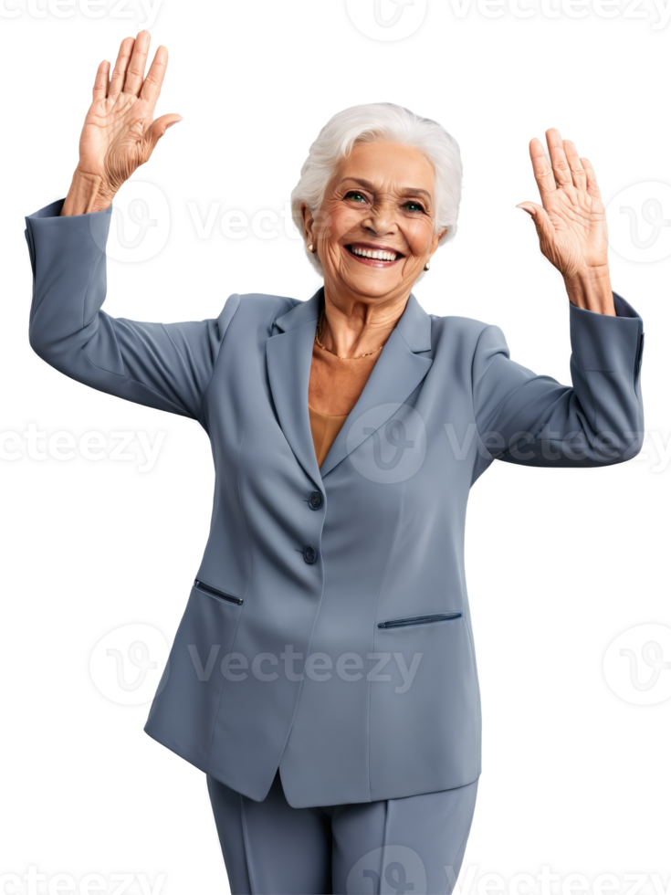 A Latino elderly woman with blond short hair, green eyes, wearing modern, showing joy with a wide grin, arms raised png