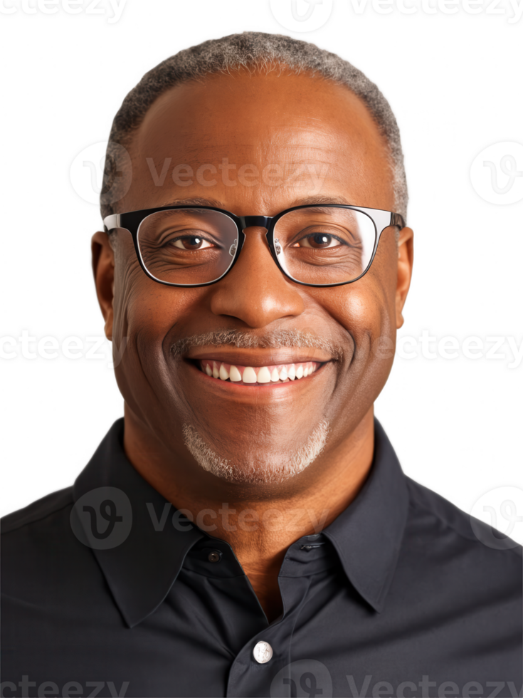 Close-up of middle-aged Black man with glasses, friendly smile, soft shadows, transparent background. png