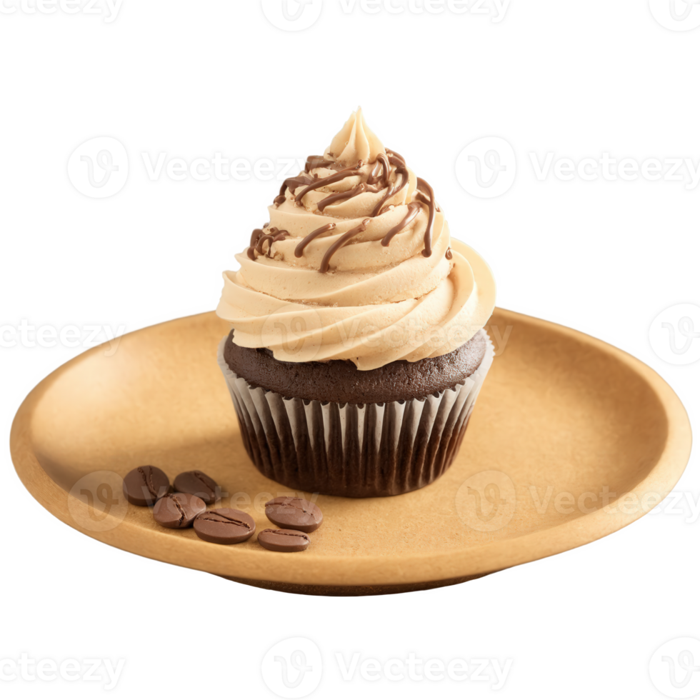 Mocha mousse cupcake featuring a moist chocolate base topped with a generously piped swirl of mocha mousse frosting. The frosting png