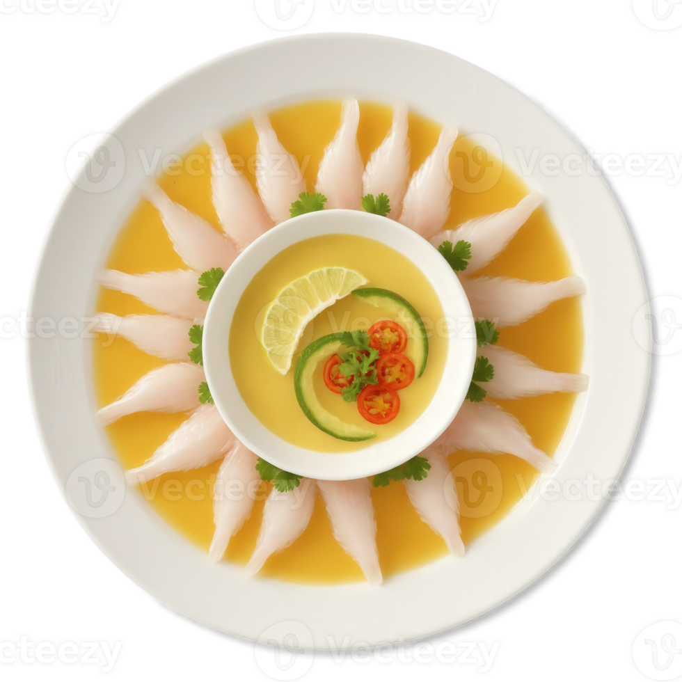 Tiradito - A variation of ceviche where thinly sliced fish is marinated in lime juice and aji amarillo sauce, offering png