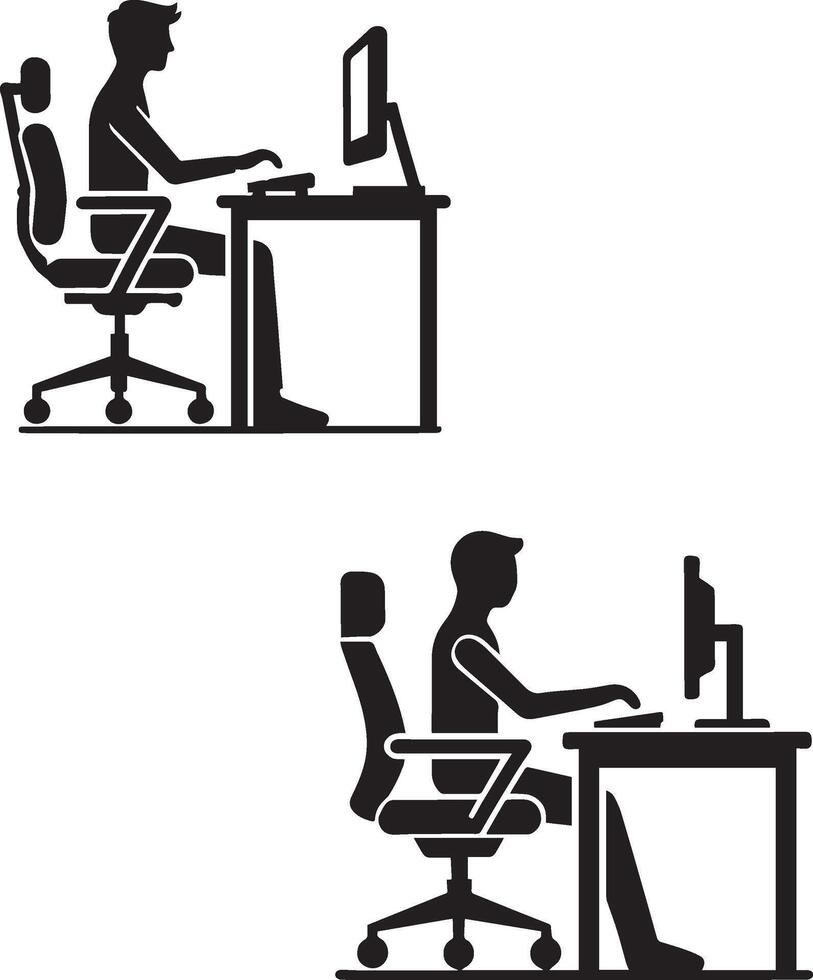 A minimalistic black silhouette person sitting on an office chair at a desk vector