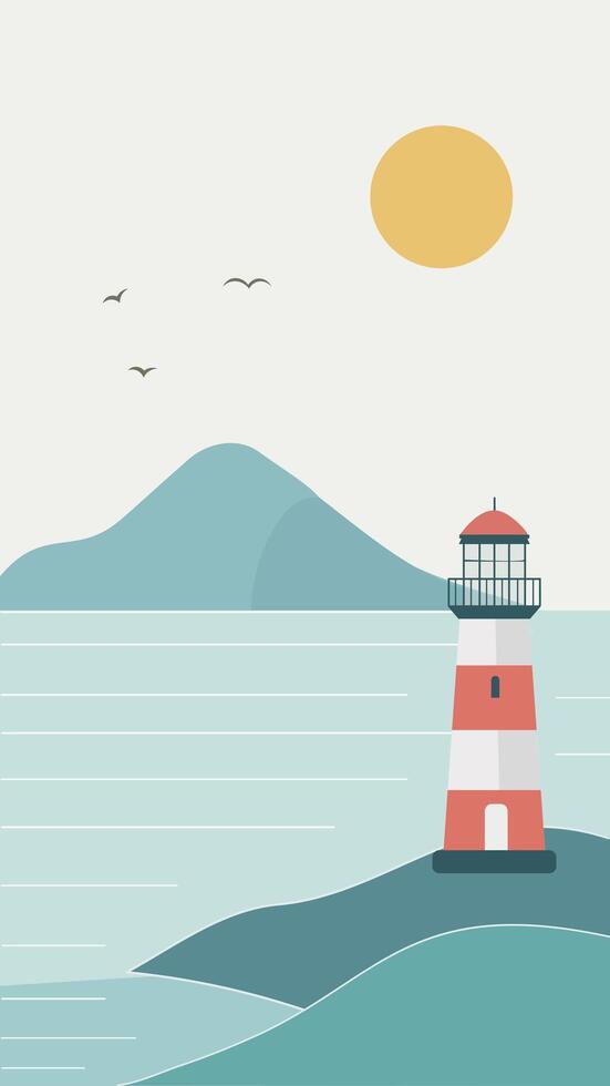 Minimalistic illustration of island and lighthouse. With copy space. Suitable for social media projects vector