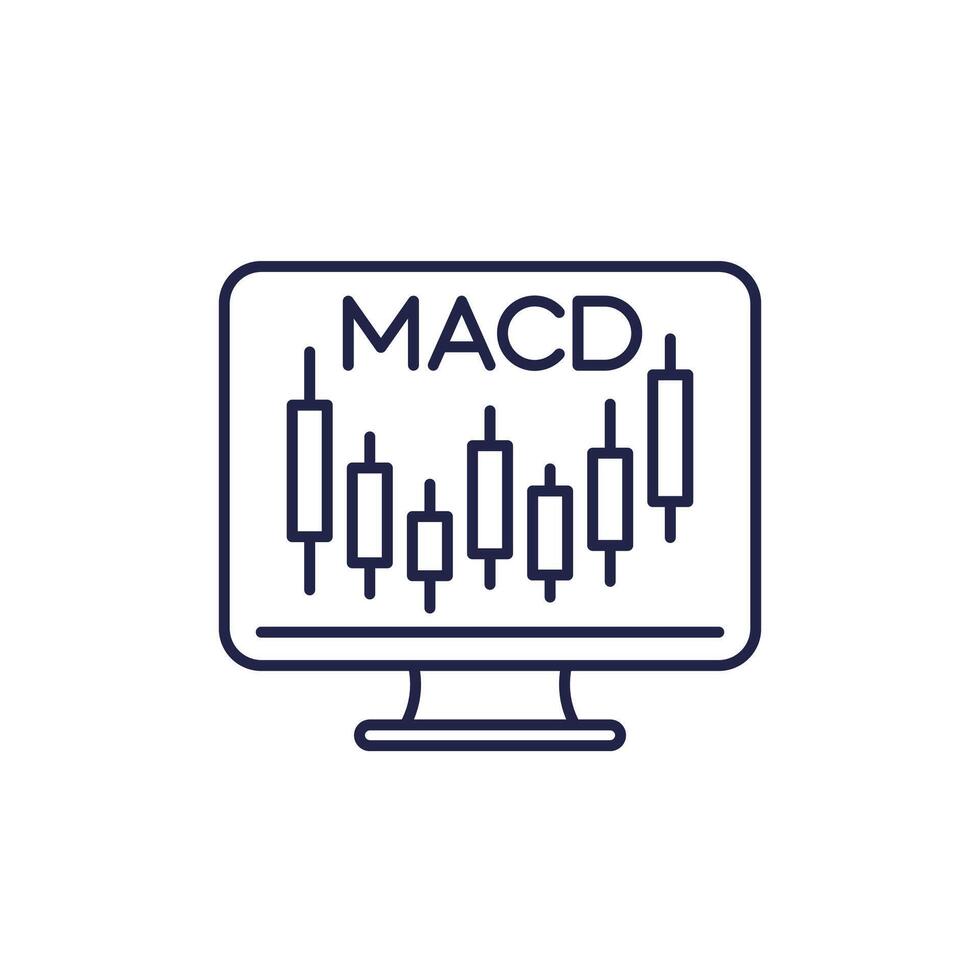 MACD indicator line icon with candlestick chart, finance and trading vector