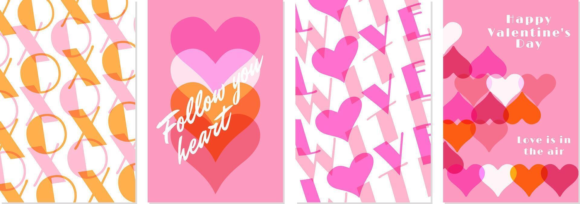Creative modern abstract design with hearts and typography. Set of Happy Valentines Day, March 8 postcards.Templates for holiday, advertising, banner, poster, sales vector