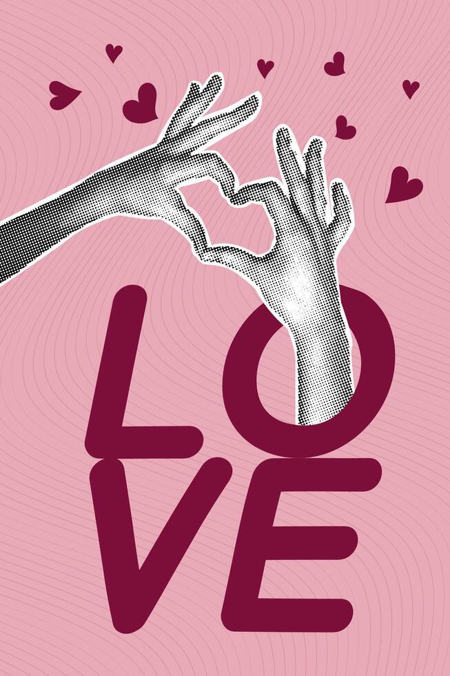 Trendy halftone collage. Postcard in collage style for valentine's day. Heart shaped hand image. Trendy retro collage from the 80's. Trendy modern retro illustration in mixed technique. vector