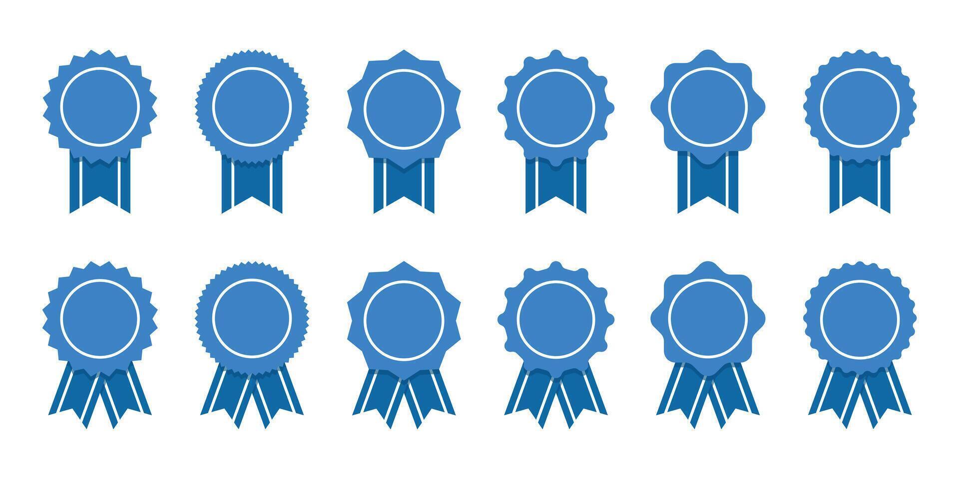 Blue ribbon and banner. Medal set with ribbon. Achievement label. Winner Prize. Seal collection in flat style vector