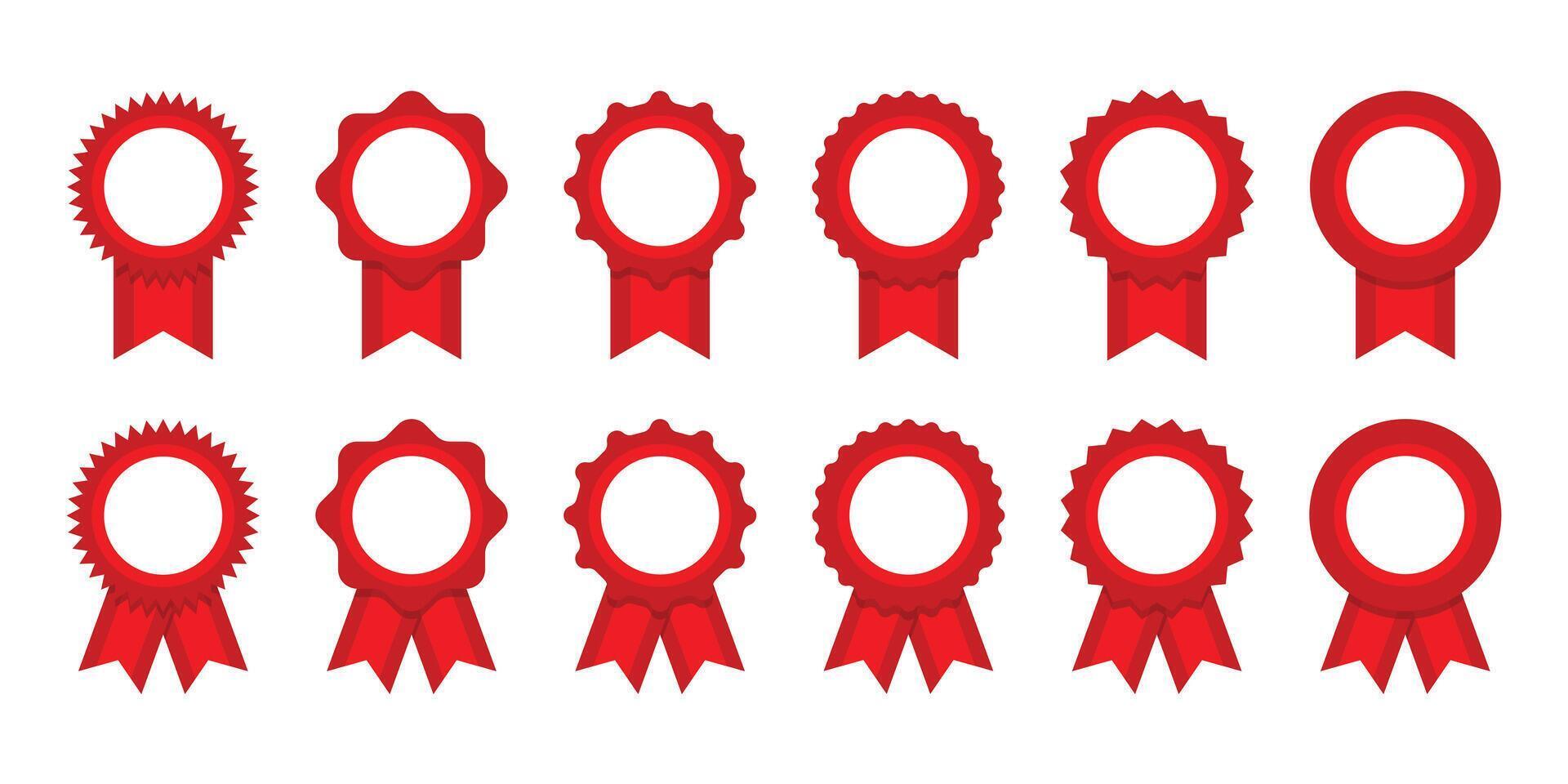 Red ribbon and banner. Achievement label. Winner Prize. Set of premium quality and guarantee labels vector