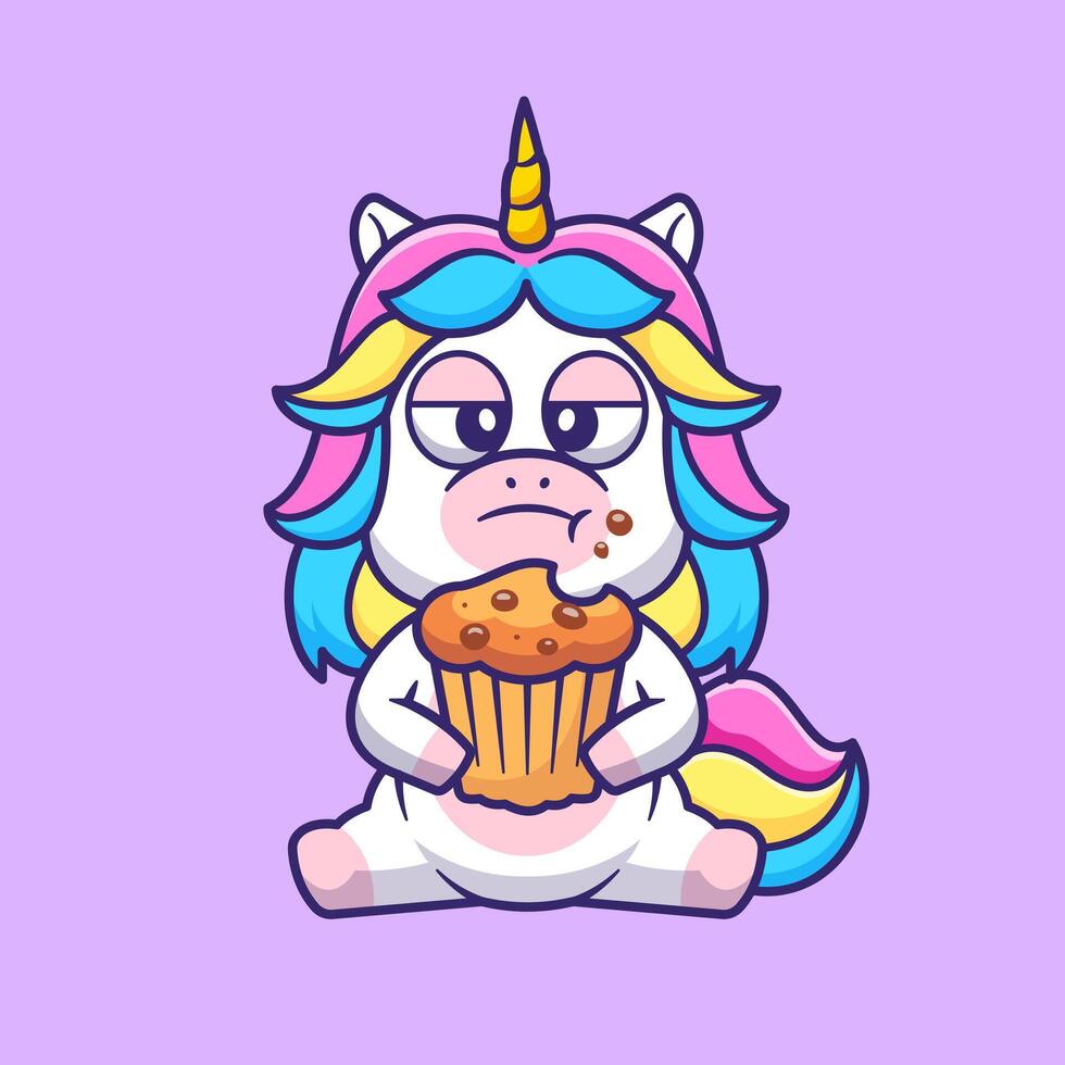 Cute Unicorn Eating Muffin Cupcake Cartoon vector