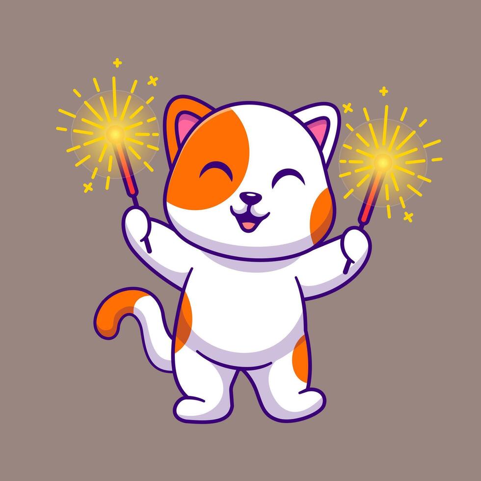 Cute Cat Playing Fireworks Cartoon vector